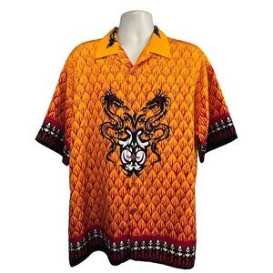 Mens Vintage Rockabilly Orange Black Embroidered Dragons Flames Button Up Shirt